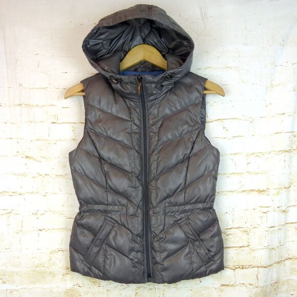 VTG Y2K Esprit Puffer Vest Womens 4US Metallic Coated Gray Hooded Down Feather - Picture 1 of 15